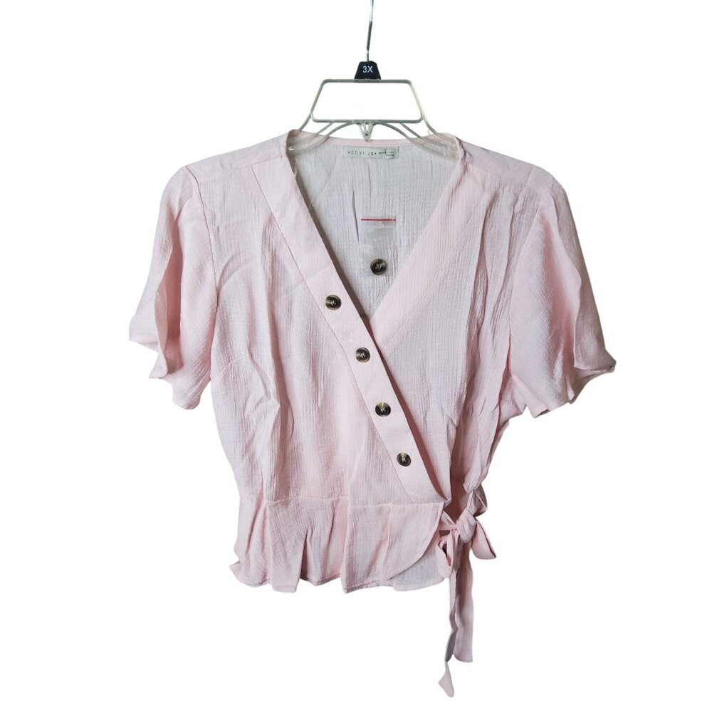 Active USA Light Pink Button-Front Wrap Blouse With Tie Waist & Short Sleeves Si